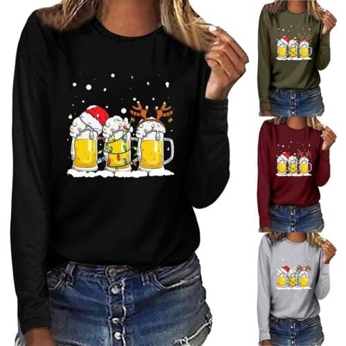 MERRY CHRISTMAS Women Casual Long Sleeve O-neck Sweatshirt Pullover Blouse Christmas Wine glass Printing All-match Girls T-shirt