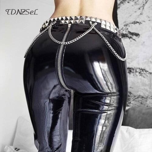 Women Latex Rubber Zipper Back Long Pant Pu Leather Black Red PVC Sexy Pencil Pants Open Crotch Erotic Nightclub Skinny trousers