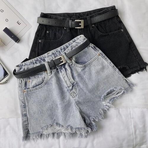2021 New Summer Women Hole Denim Black Shorts High Waist With Belt Casual Female Solid Color Frayed Blue Jeans Hot Shorts
