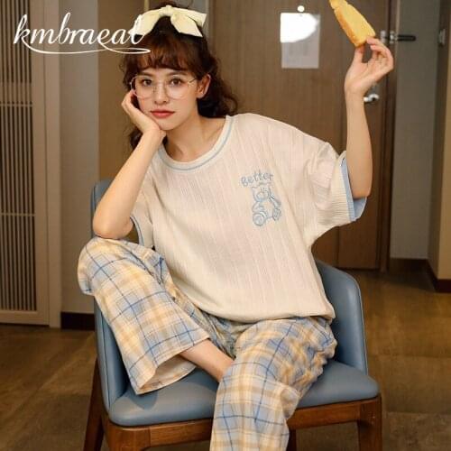 Womens Summer Suit Thin Cotton Pajama Trousers Short Sleeves Sleepwear Can Wear Outside Leisurewear Clothing Household To Take