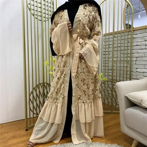 Womens Fashion New Tassel Sequined Chiffon Stitching Flared Sleeve Muslim Cardigan Robe Muslim Woman Tunic Abaya Dubai 2021