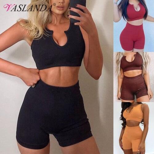 Women Workout Outfits 2 Piece Ribbed Yoga Set Seamless Sports Bra High Waist Fitness Shorts Sets Gym Tracksuits Activewear