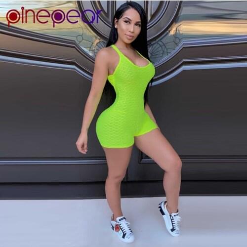 PinePear Jacquard Wrinkled Playsuits Womens Outfits Backless Shorts Jumpsuits Gym Clothing Fitness Workout Sport Suit Wholesale