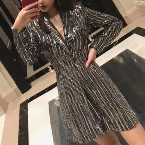 2020 Spring New Women Bling Sequined Party Long Blazer Dress Elegant Slim Fit Lapel Collar OL Work Suit Female Jacket Coats