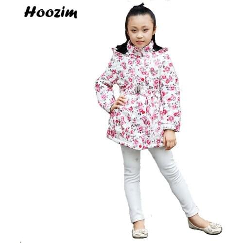 Girls Coat Winter Warm Print Flowe Hooded Fleece Jacket Children Fashion Autumn Kids Coat With Belt Pretty Long Jacket For Girls