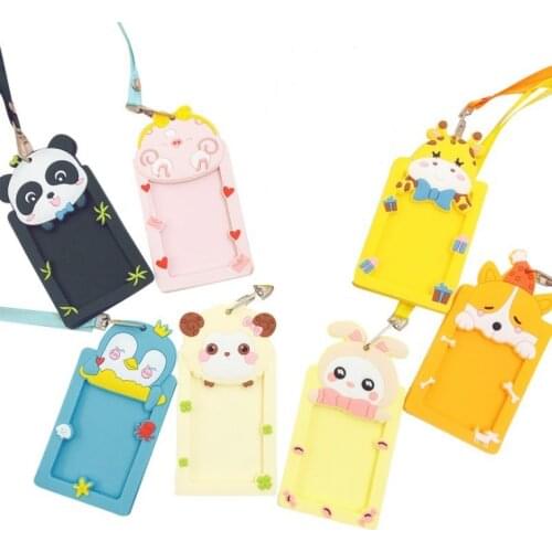 1PC Cute Animal Shape Student ID Badge Silicone Business Work Card Case With Rope Protector Cover Holder Student Supplies