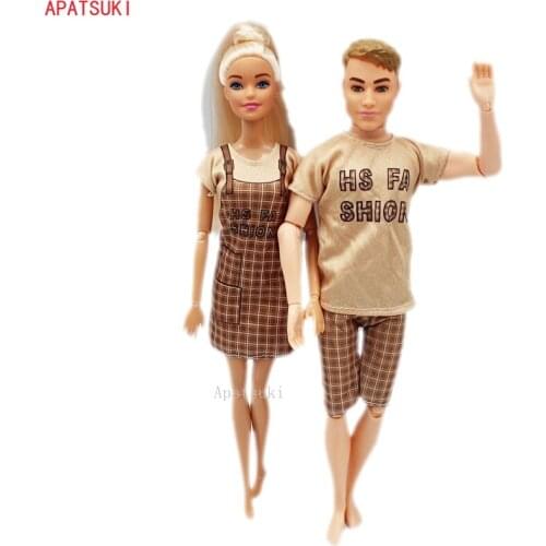 2sets/lot Fashion Clothes Khaki T-shirt Pants Shorts for Ken Boy Doll Accessories Plaid Dress for Barbie Doll Outfits 1/6 Toys