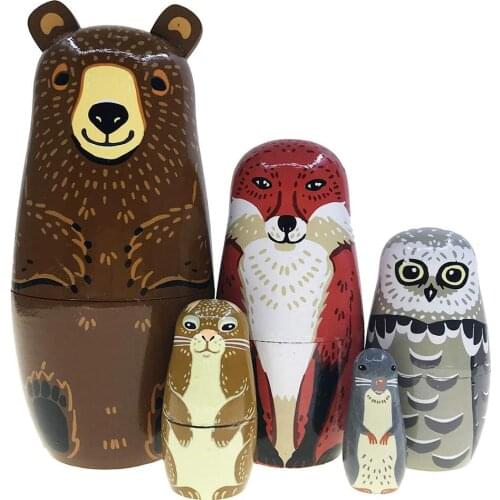 5Pcs/Set Cute Bear Fox Animal Wooden Russian Decoration Art Crafts Matryoshka Dolls Nesting Kids Toy gift for children