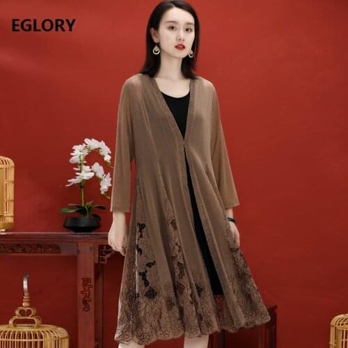 5XL 4XL 3XL Long Coats Female 2020 Autumn Casual Outerwear Coats Women Hollow Out Embroidery Beading Deco Long Cardigan Coats