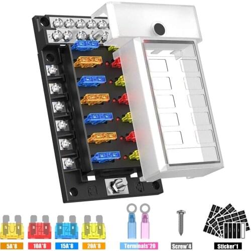 6-Way Holder ATO/ATC Fuse Block with LED Indicator Damp-Proof Protection Cover Sticker for Car Marine（6-circ Split W/Cover&Neg