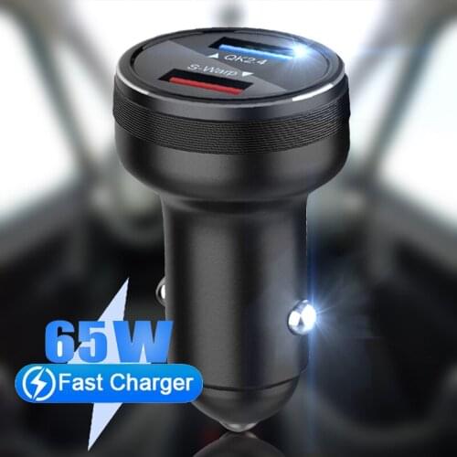65W Car Charger Adapter 360 Degree Rotation LED Light Dual Port USB Quick Charge For iPhone 12 Pro Max Xiaomi 11 10 Huawei P40