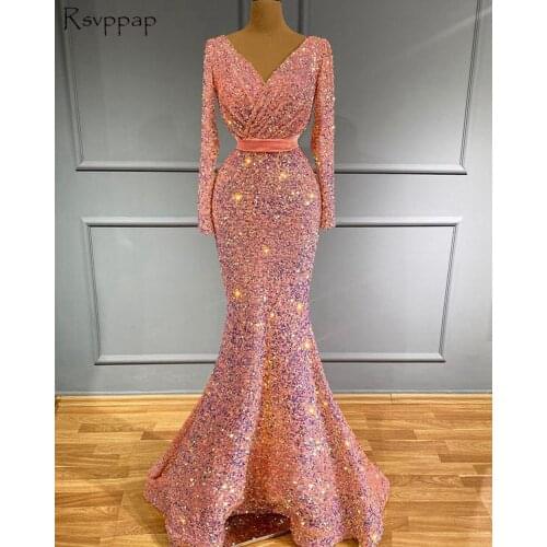Sparkly Long Evening Dresses 2021 V-neck Long Sleeve Pink Velvet Sequin Mermaid Style African Women Formal Party Gowns