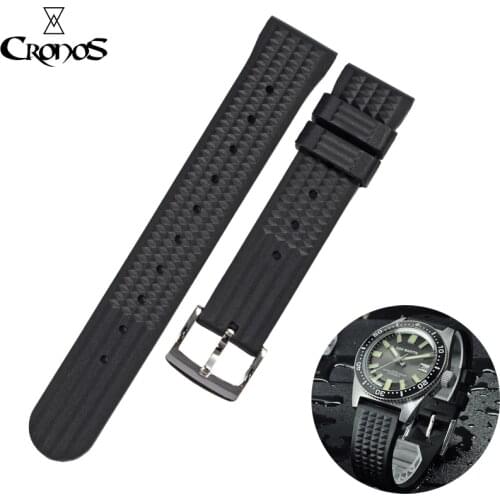 Cronos Watch Parts Rubber Waffle Strap Waterproof Black No Insert 20mm Stainless Steel Tongue Buckle Fit for 62mas Watch