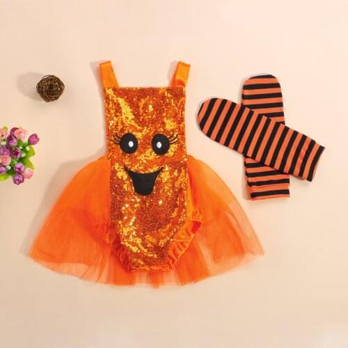 Baby Halloween Clothes Baby Girls Jumpsuit Cartoon Sleeveless Tulle Sequins Romper Jumpsuit+Striped Leg Warmer Outfit