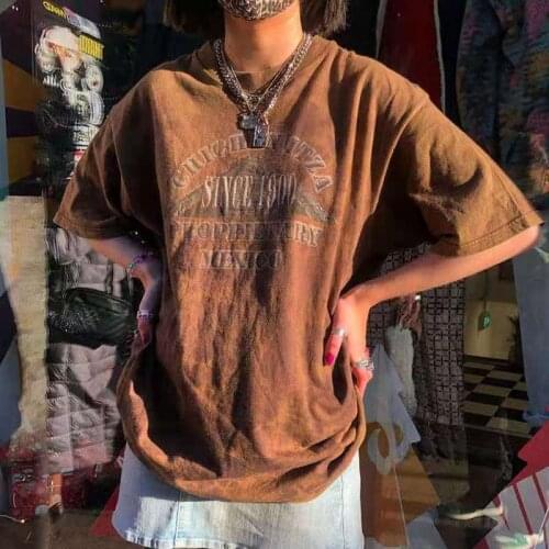 Brown Tie Dye Letter Printing Graphic Tee Harajuku T Shirt Women Short Sleeve O Neck Casual T-shirt Summer Street Style Clothes