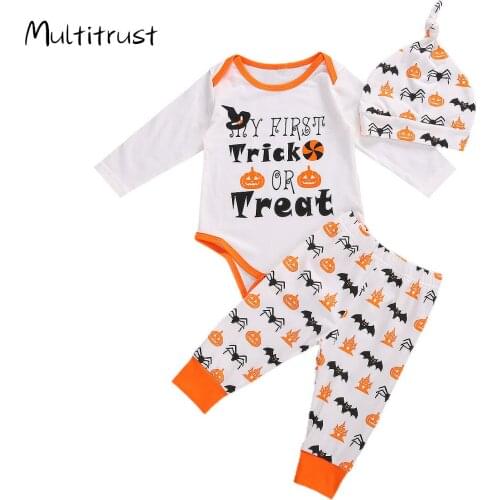 Newborn Infant Baby Girls Hallowen Cotton Casual Floral Print Long Sleeve Romper+ Trousers+ Hat 3pc Sets 0-18M