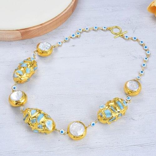 White Coin Pearl Blue Larimar Gold color Plated Enamel Evil Eyes Chain choker Necklace for women 21"