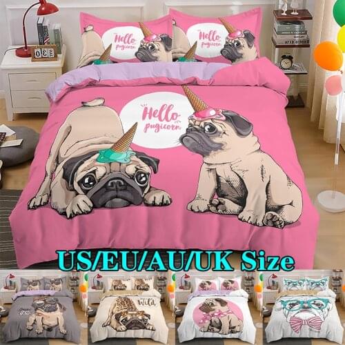 Pug Printed Bedding Sets Dog Duvet Cover 2/3pcs Double Queen Quilt Linen (No Sheet No Filling)