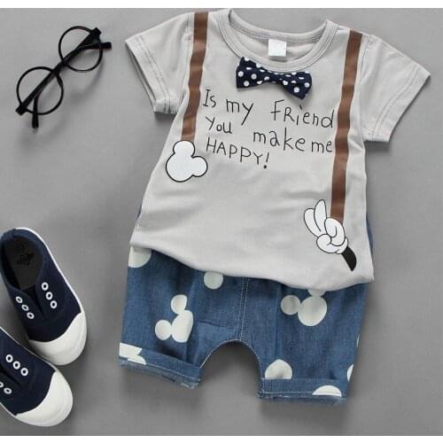 Baby Boy Clothes Summer New Cartoon Letter Printing Bow Tie Design Short Sleeve T-Shirt + Shorts 2 Pieces Baby Clothes Suit