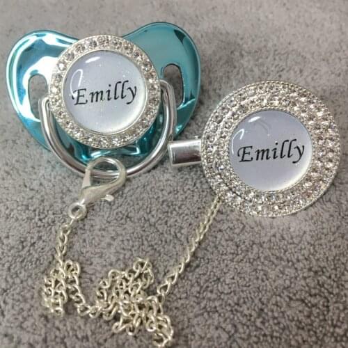 MIYOCAR custom glitter name photo gold blue bling pacifier and pacifier clip silver BPA free dummy bling glitter design P10-1-BG