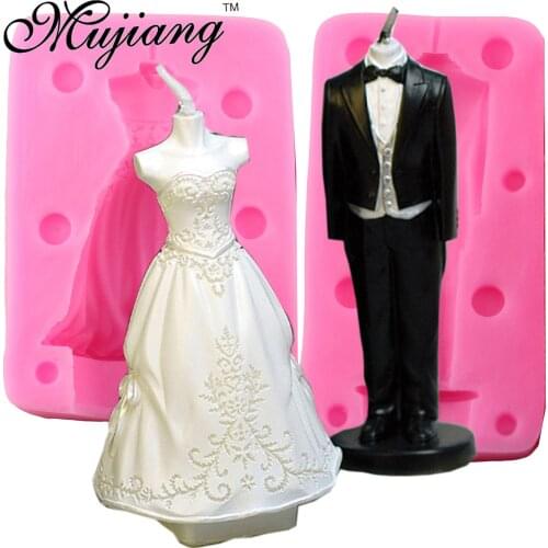 Mujiang 4Pcs/Set 3D Wedding Dress Suit Candle Silicone Resin Clay Soap Mold Fondant Cake Decorating Tools Chocolate Candy Moulds