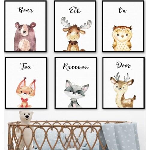 Cartoon Owl Red Deer Bear Fox Raccoon Animal Wall Art Canvas Painting Nordic Posters And Prints Wall Pictures Kids Room Decor