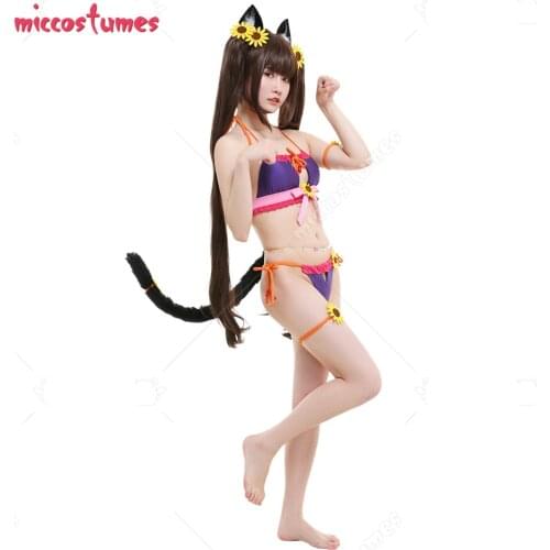 Nekopara Chocola Swimsuit Ver Catgirl Cosplay Costume Two Piece Bikini Swimwear Chest Open Halterneck Bathing Suit