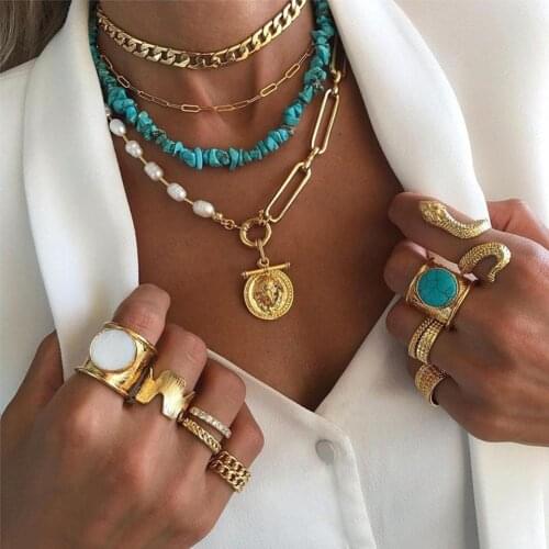 New Bohemia Gold Color Chains Multilayers Natural Stone Beads Portrait Pendant Necklace for Women Girls Boho Necklace Jewelry