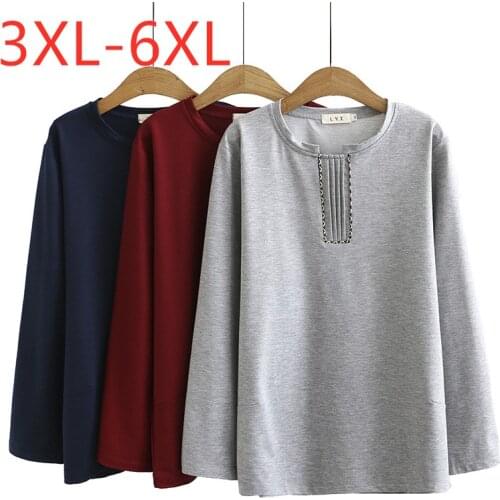 New ladies autumn winter plus size tops for women large loose long sleeve cotton gray blue O neck T-shirt 3XL 4XL 5XL 6XL