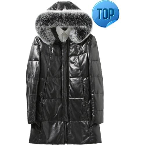 Sheepskin Coat Mens Genuine Leather Winter Duck Down Jacket Men Fox Fur Collar Hooded Long Coat Men Jacket 726 KJ1448