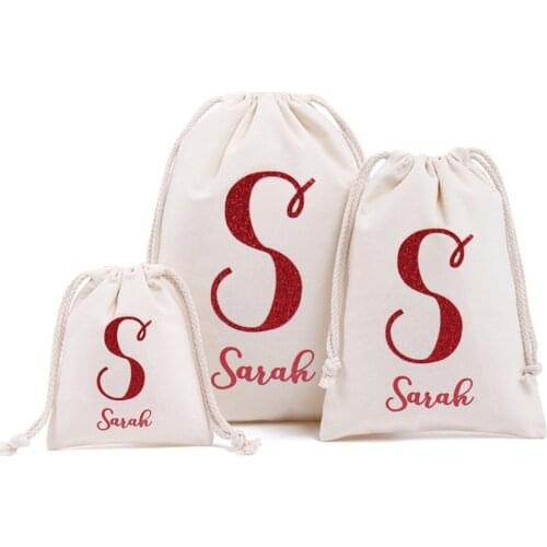 Glitter Red Text Personalized Christmas Decoration Canvas Drawstring Bag Custom Name New Year Gift Bags Christmas Storage Bag