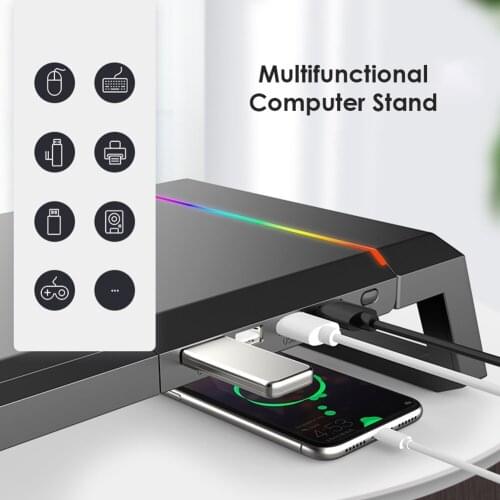 Laptop Monitor Stand Riser RGB Support Adjustable Desktop Computer Monitor Riser with 4 USB3.0 Computer Desk Organizer