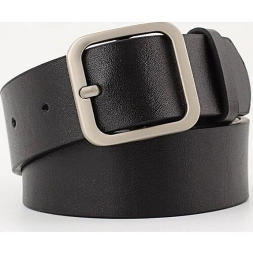Women Fashion Leather Waist Belt Classic Square Metal Buckle Solid Color Waistband Wide Belts Black White Dark Brown
