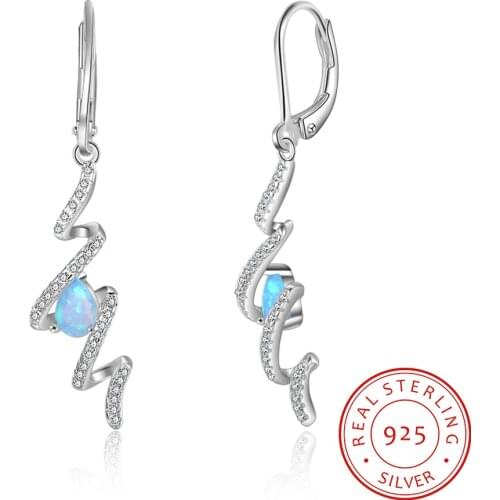 Blue Opal Drop Earrings 925 Sterling Silver Cubic Zirconia Earrings for Women Twist Spiral Dangle Earrings Wedding Bridal Jewelr