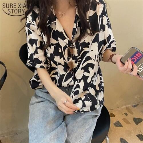 Short Sleeve Chiffon Blouse Summer Casual Womans Shirts Cardigan Vintage Hong Kong Floral Button Loose Women Clothing 10273