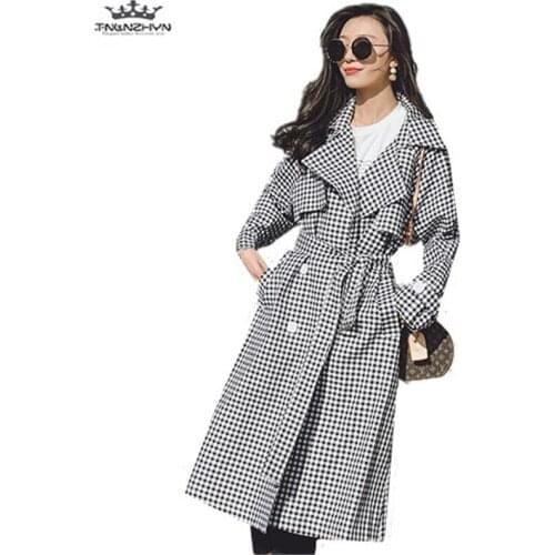 Tnlnzhyn 2019 Spring Autumn Women Trench Coat Fashion Houndstooth Turn Down Collar Windbreaker Coat Medium long Outerwear Y1141