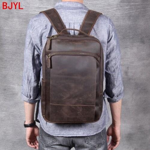 New Vintage Leather Mens Backpack Handmade Suede Leather Men Laptop Bag Travel Backpacks Male Leather School Bags Original BJYL