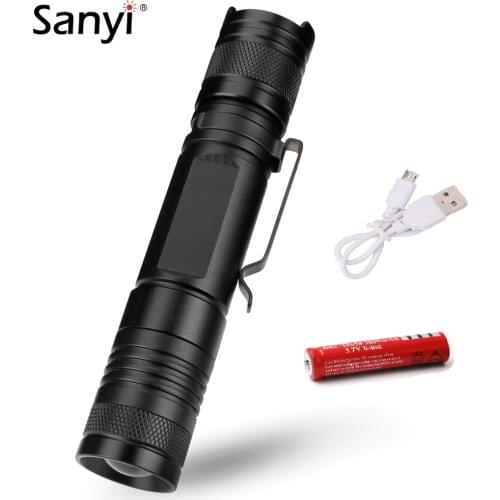 Sanyi XML T6 Tactical Flashlight Waterproof 5 Modes LED Torch USB Charging 18650 Clip Pocket Light Portable Lantern For Fishing