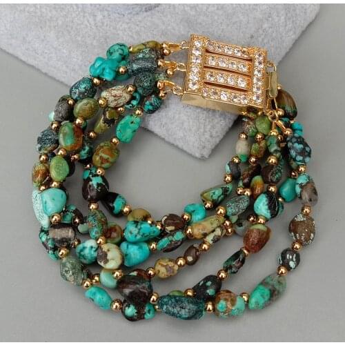 YYGEM 3 Strands Natural Green Turquoise Freeform Shape Strand Bracelet Multi Strands Bracelet Cz Pave Clasp