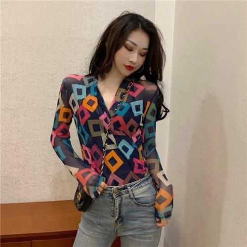 Women Retro Elegant Slim Net Yarn Spring Print All-match Top Crop Micro-transparent V-neck Lady Pullover Bottoming Shirt