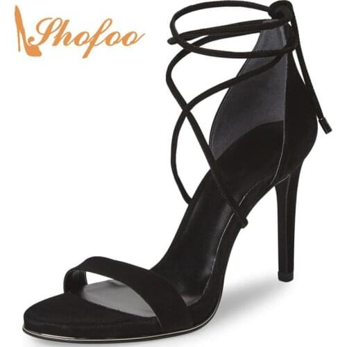 Black Nude Cross-Tied Ankle Wrap Stilettos Sandals Woman High Thin Heels Lace Up Large Size 11 16 Ladies Dress Mature Shoes 2021