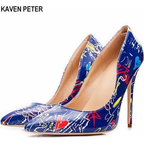 Women shoes graffiti coorful women pumps party wedding shoes ladies sexy prom pointed toe high heels big size 35-42