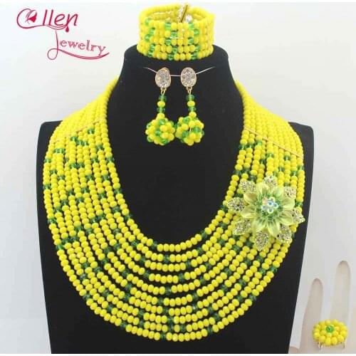 New Arrived Nigeria Wedding Beads Set Necklace Yellow and Green African Beads Women Crystal Jewelry Sets Free Shipping N0097