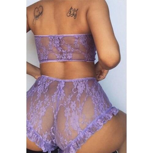 2019 Sexy Women Flowers Lace Sleepwear Sets 2Pcs See-through Ladies Outfits Strapless Bra Shorts Mesh Floral Women Sets