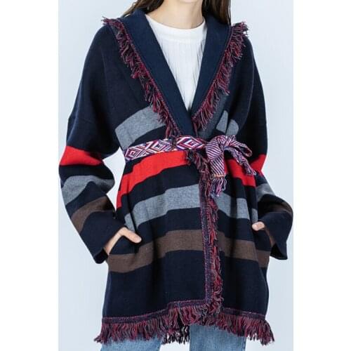 TEELYNN Striped Ethnic Knit Sweater Coat Women Long Cardigan Casual Fringe Jacquard Warm Winter Outwear Boho Long Sleeve Jumper