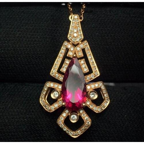 Fine Jewelry Real 18K Gold AU750 Flower Natural 100% Rubi Tourmaline Pendant 1.8ct Diamond Pendant Gemstone Necklaces for Women