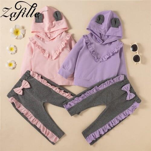 ZAFILLE 0-24M Winter Baby Girl Clothes Set Ears Hooded Ruffles Girl Sweatshirt and Bow Pants Infant Girl Sets Toddler Girl Oufit