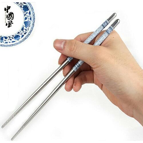1 Pair Luxury Reusable Chopsticks Stainless Steel Non-slip Chop Sticks Chinese White Vine Food Sticks Eco-friendly Tableware