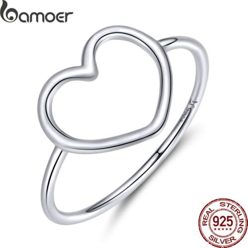 Bamoer Sterling Silver 925 Simple Minimalist Heart Finger Rings for Women Wedding Engagement Statement Jewelry SCR641