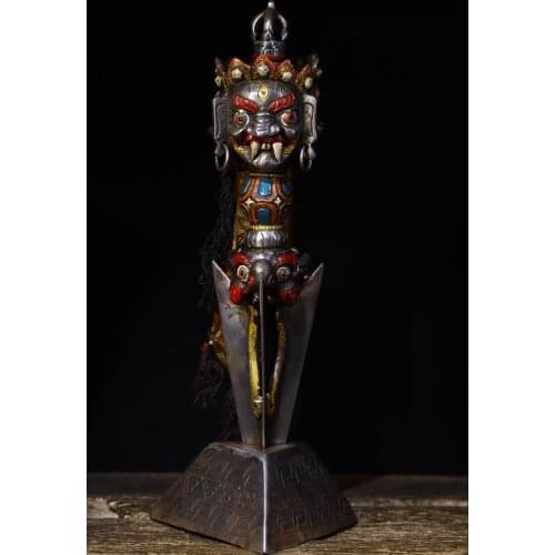 Home Decor 13" Tibet Buddhism Temple Tiantie Painted Mahakala head 3-faced ghost head statue Dorje Vajra Phurba Dagger Holder fa